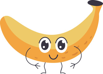 Cartoon banana character standing with arms akimbo and smiling, showing happiness and joy, isolated on a white background, ideal for healthy eating and vegetarian lifestyle projects