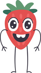 Cartoon illustration of a happy strawberry fruit character standing with big eyes, smiling, and arms outstretched, isolated on a white background