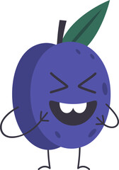 Cartoon plum character laughing with arms raised, eyes closed, and a big smile, conveying joy and amusement, ideal for healthy eating projects