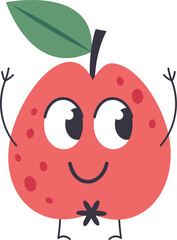 Cartoon illustration featuring a cheerful red apple character joyfully raising its arms, showcasing big expressive eyes and a wide smile, set against a clean white background
