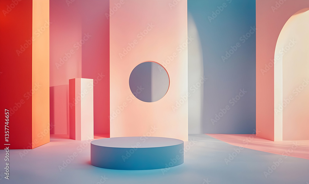 Poster geometric presentation platform with colorful walls and elegant architectural forms