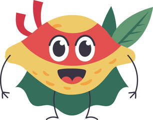 Cartoon illustration featuring a joyful lemon character, donning a superhero mask and cape, celebrating healthy eating habits and encouraging children to embrace nutritious foods