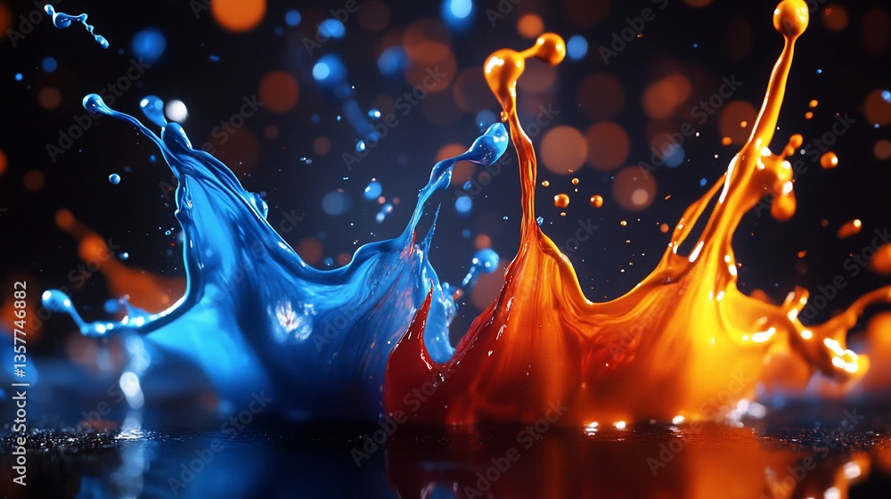 Poster vibrant color splash collision. dynamic interplay of blue and orange paint, creating an explosive, a
