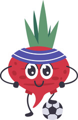 Cartoon beetroot with headband and shorts playing soccer, promoting healthy eating habits and active lifestyle for children through fun and engaging visuals