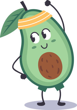 Naklejki Cartoon avocado character wearing a headband and doing fitness exercises, promoting healthy lifestyle and sports activities in a funny and engaging way