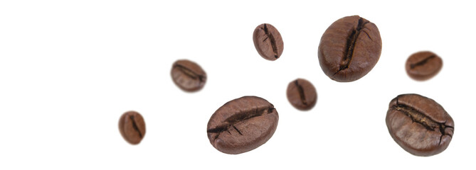 Falling coffee beans isolated on white background. Flying defocused coffee beans. Applicable for cafe advertising, packaging, menu design. Banner.