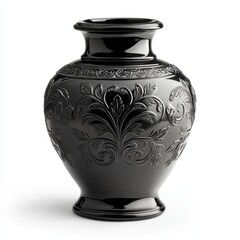 Elegant black urn with intricate floral patterns, isolated on white background.