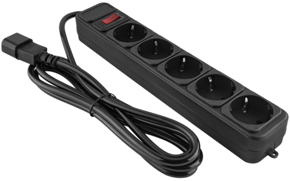 Classic five-socket surge protector with a sturdy housing.