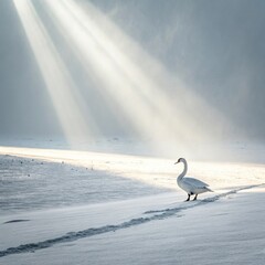 Graceful swan walking on snowy landscape with sun rays illuminating tranquil scene