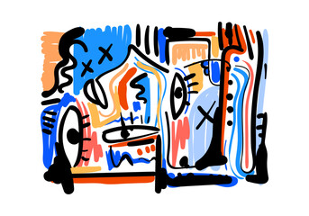 Background abstract art illustration featuring a stylized face with fluid lines and expressive shapes.