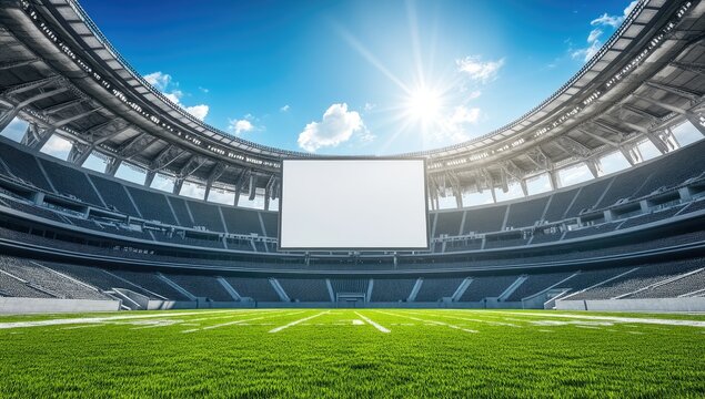 Vast stadium with blank jumbotron under sunny sky