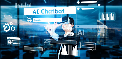 Smart project manager pointing at AI chat hologram and wearing headset at modern office....