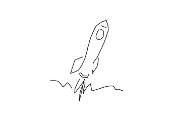 line art illustration of a rocket launching upwards, symbolizing growth, success, innovation, and progress.