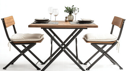 simple elegant dining table set for two, featuring wooden tabletop and stylish metal legs. set includes two chairs with soft cushions, perfect for intimate meals and gatherings