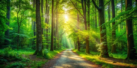 Obraz premium Serene North Carolina Forest Path: Sunlight Dappled Trees & Lush Undergrowth