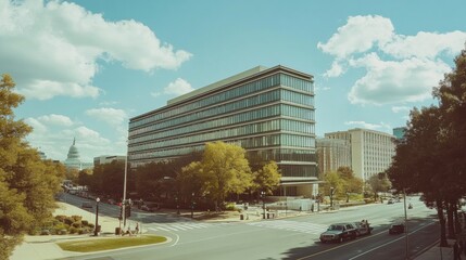 Obraz premium A modern government building in Washington, D.C., with sleek glass facades and landscaped surroundings
