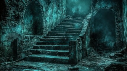 Fototapeta premium Ancient, crumbling staircase descends into a mystical, decaying ruin. Misty, ethereal light illuminates the stone pathway