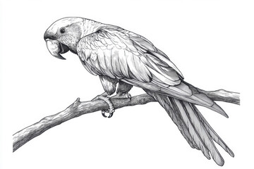 Fototapeta premium Intricate sketch of a parrot perched on a branch displaying detailed feathers and distinct features against a simple background Generative AI