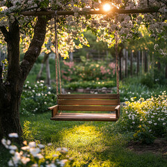 Naklejka premium Swing under blooming trees at sunset in tranquil garden