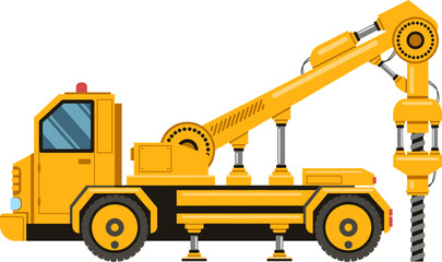 Powerful drilling machine operating with an auger, mounted on a striking yellow truck, positioned against a clean white background, showcasing a side view of heavy construction equipment