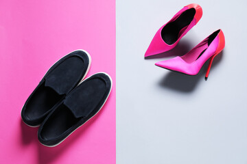 Stylish shoes and high heels on color background, flat lay