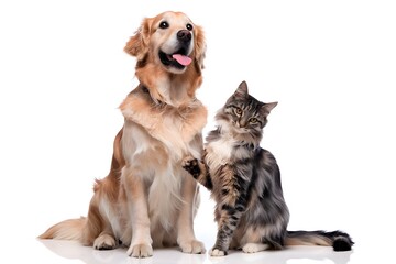 Fototapeta premium Friendly Golden Retriever and Cat Touching Paws
