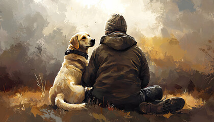 Person and Loyal Dog Sitting Together Contemplating Nature Scenery