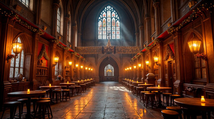 A large room with many tables and chairs, lit by candles and lamps