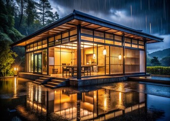 Obraz premium Serene Tea House at Night: Long Exposure Photography of Tranquil Asian-Inspired Design