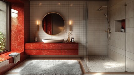 Modern bathroom interior with red accents.