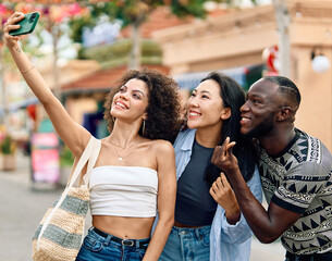 friend street woman selfie phone fun young friendship photo happy together smiling man happiness urban travel smartphone mobile three vacation