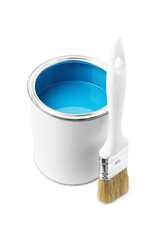 Can of light blue paint and brush isolated on white