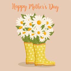Mother's day greeting card. Bouquet of white chamomile flowers in yellow rain boots. Botanical vector illustration isolated for postcard, poster, ad, decor and other uses.