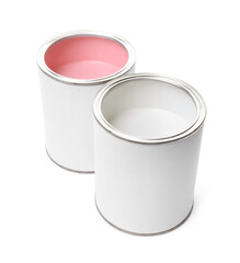 Cans of colorful paints isolated on white