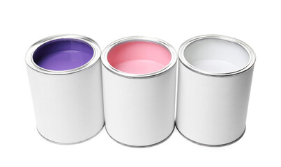 Cans of colorful paints isolated on white