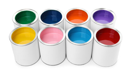 Cans of different paints isolated on white