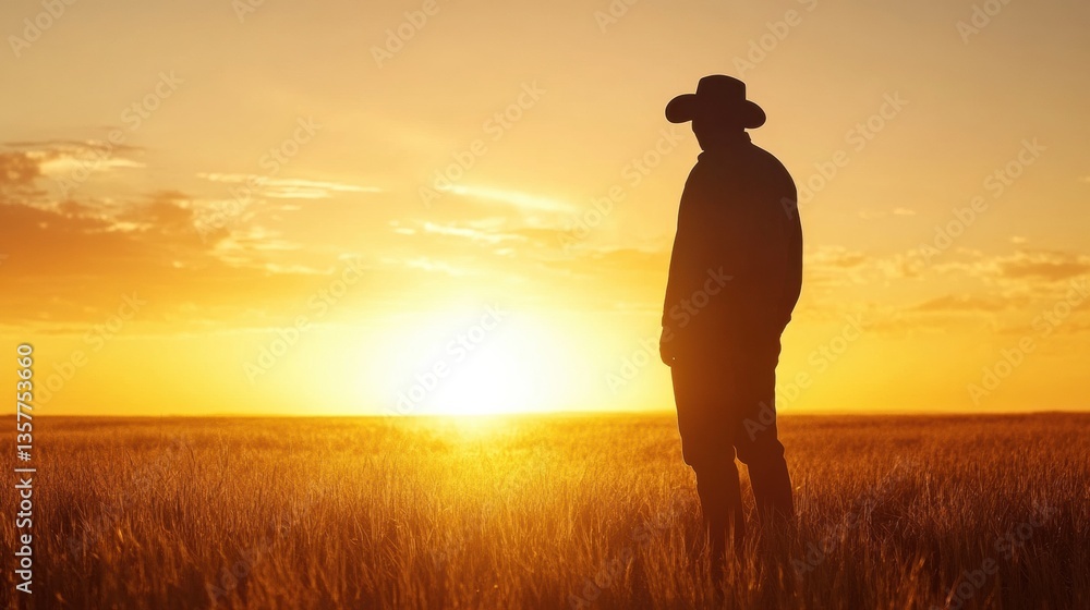 Poster silhouette of farmer in vast field at sunrise with golden rays illuminating the horizon in soft atmo