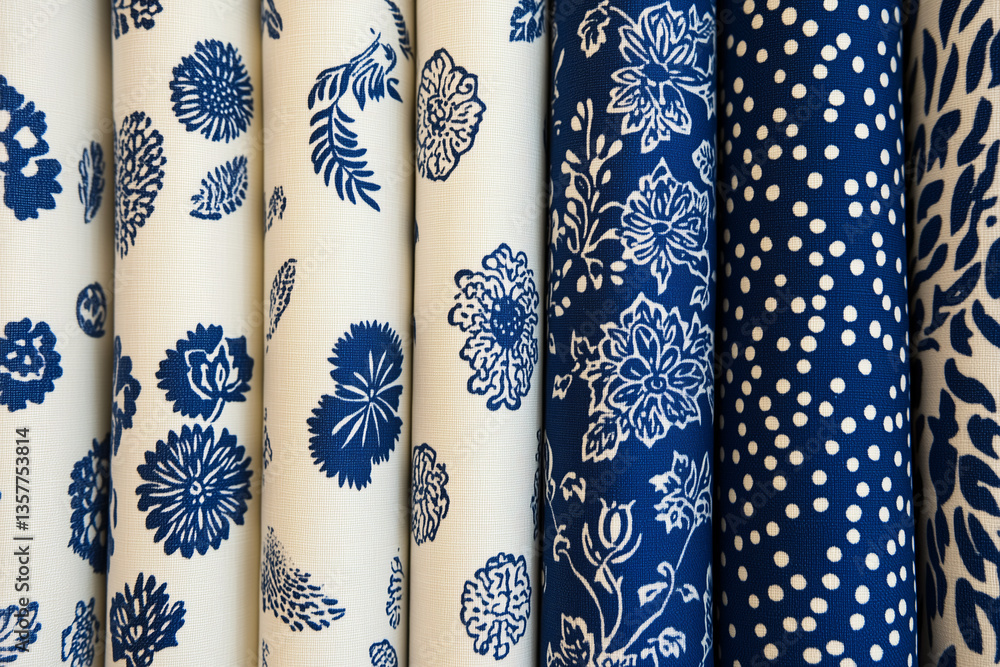 Poster textile treasures: a close-up image showcases an array of intricately patterned fabric rolls in an h