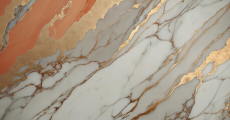 Close-up of a marble surface featuring a mix of white and gray tones with prominent gold and rust-colored veining running through it.