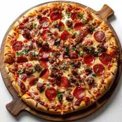 Loaded Meat Lover's Pizza on Wooden Board with White Background