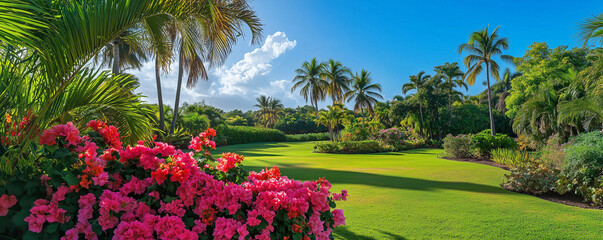 Vibrant tropical garden showcases colorful flowers under a bright blue sky in serene atmosphere