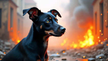 Black dog with intense eyes lying backdrop of flames.