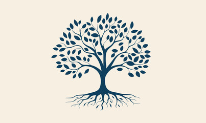 Minimalist Tree of Life Vector with Roots and Leaves, Flat Line Art Illustration