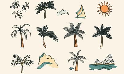 Groovy Beach Doodle Set with Palm Trees, Sun, Ocean Elements Vector Illustration