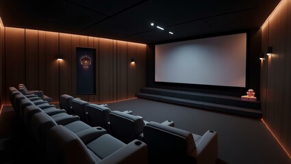 Cozy home theater room with dark wood floors and a large screen, designed for an enjoyable cinematic experience