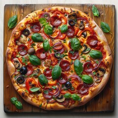 Loaded Supreme Pizza with Pepperoni, Mushrooms, Peppers, and Basil on Wooden Board