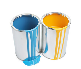 Cans of light blue and yellow paints isolated on white