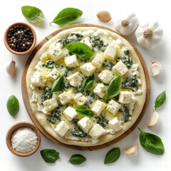 Unbaked White Pizza with Spinach, Ricotta, Mozzarella, Garlic, and Basil on Wooden Board