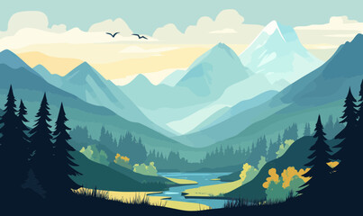 Minimalist Mountain Landscape Vector with Pines and River in Flat Design Illustration