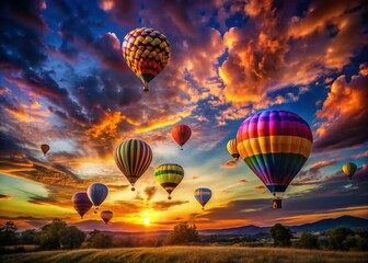 Fototapeta premium Silhouette Hot Air Balloon Pattern at Sunset, Romantic Sky, Aerial View